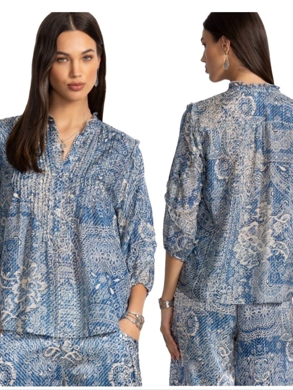 Johnny Was Blue and White Printed Blouse with Embroidered Label